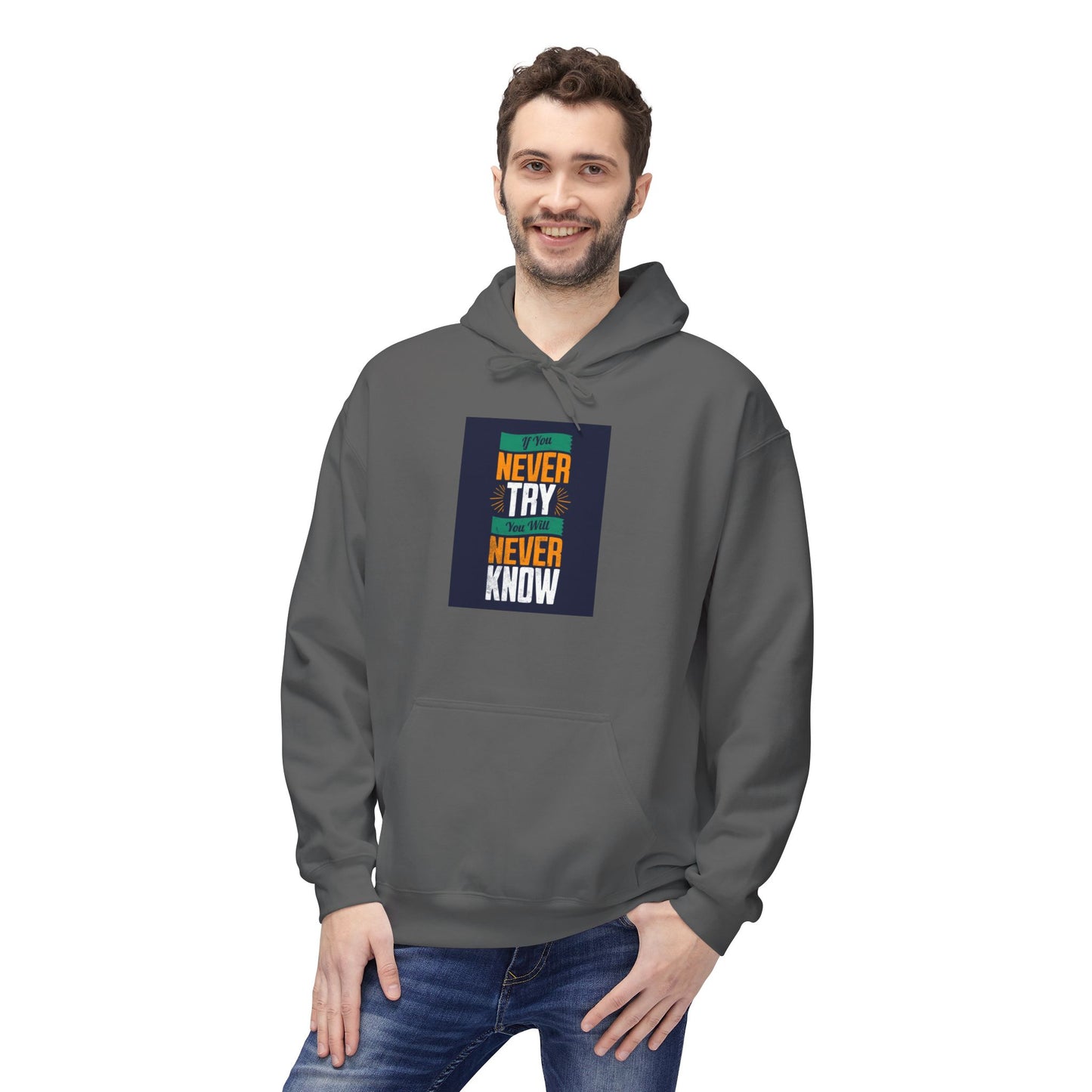 Side view of unisex model wearing Never Try Never Know Hoodie – growth mindset apparel