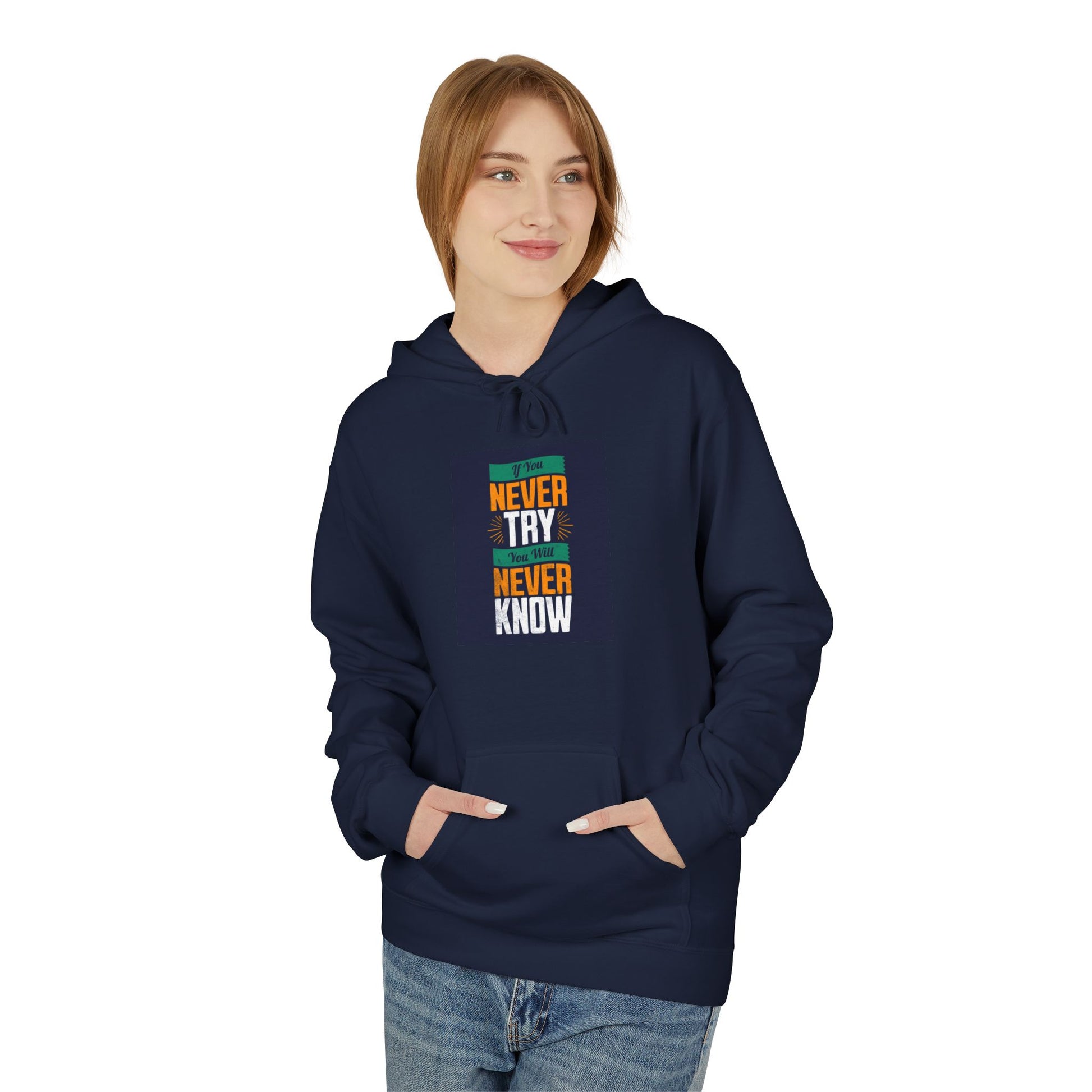 Side view of unisex model wearing Never Try Never Know Hoodie – growth mindset apparel