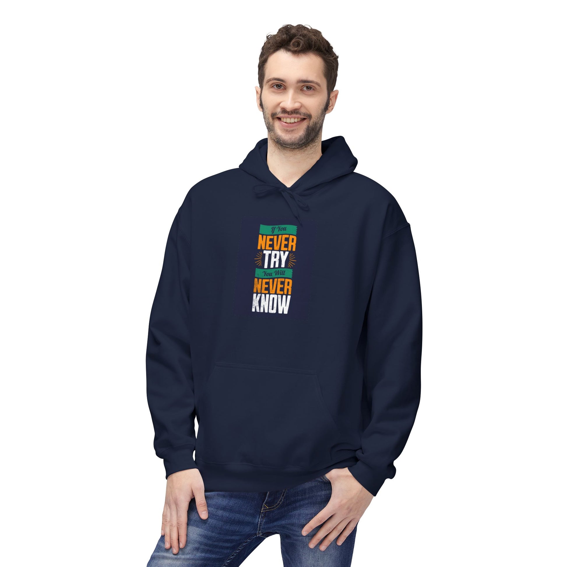Side view of unisex model wearing Never Try Never Know Hoodie – growth mindset apparel