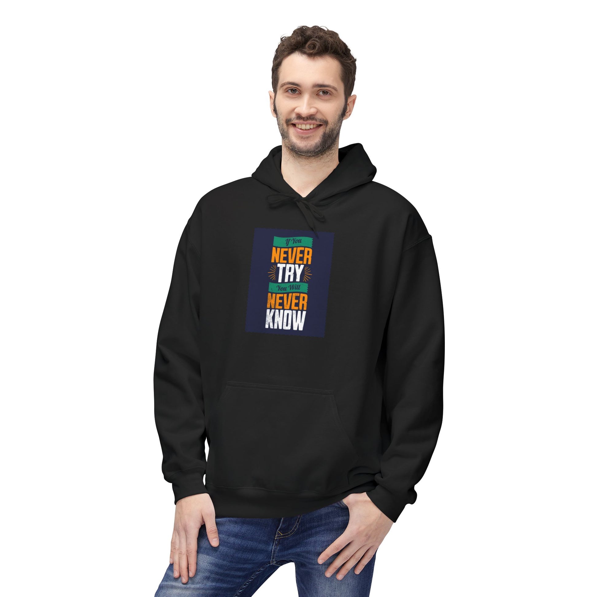 Close-up of inspirational quote on Never Try Never Know Hoodie