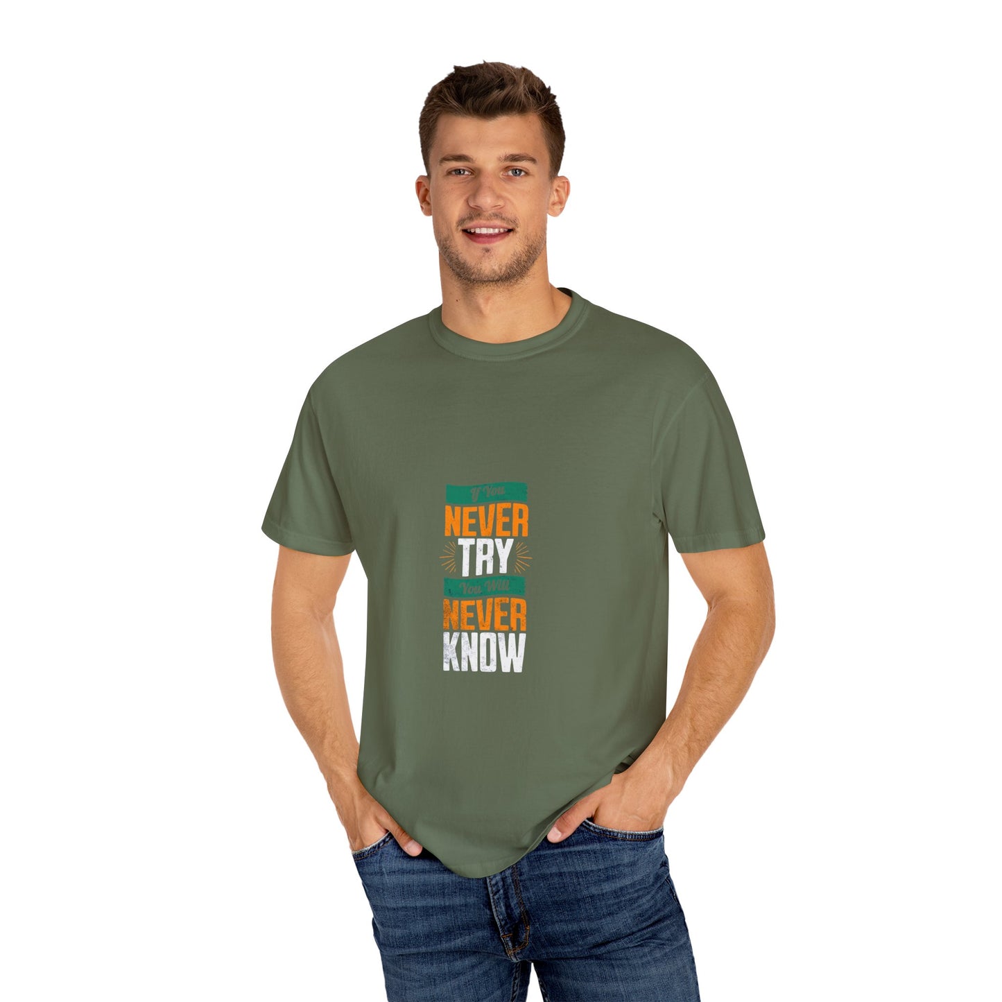 T-Shirt — Vintage-Inspired 'Never' Graphic Tee (Green & Orange)